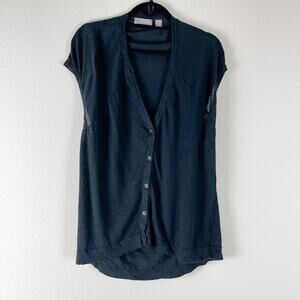 Vkoo 100% Linen Cardigan Top Womens Medium Blue V Neck Minimalist Coastal Beachy